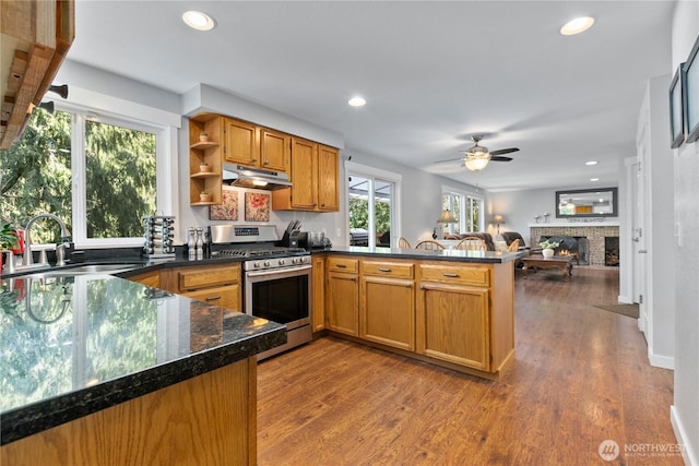 kitchen with under cabinet range hood, a peninsula, a fireplace, stainless steel gas stove, and a sink