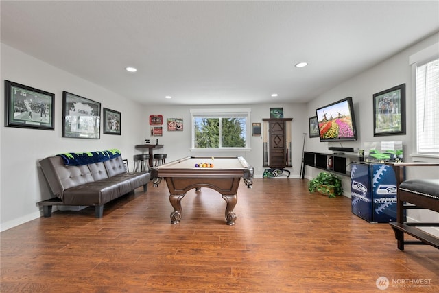 rec room with recessed lighting, wood finished floors, and pool table