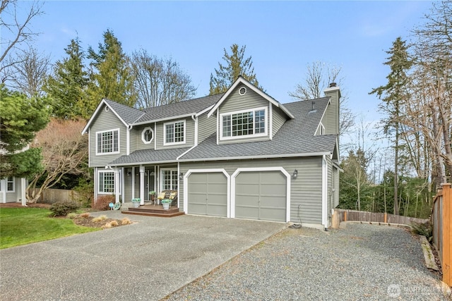 traditional home featuring driveway, a chimney, a garage, and fence