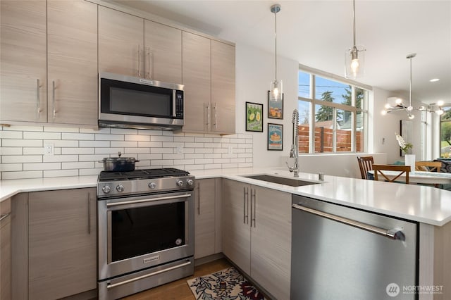 kitchen with a peninsula, a sink, appliances with stainless steel finishes, gray cabinets, and decorative backsplash