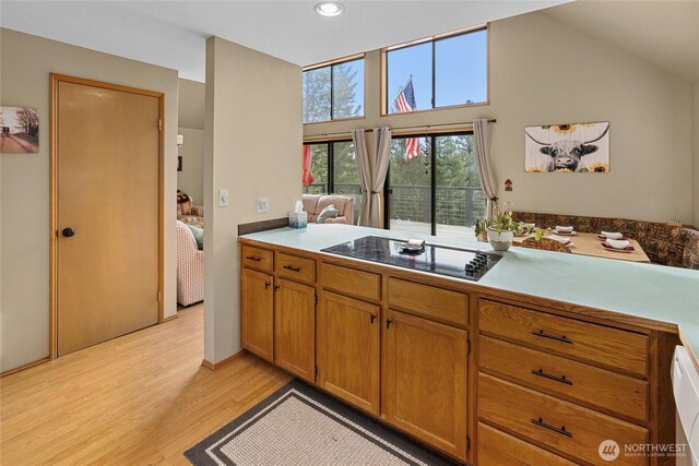 kitchen featuring black electric cooktop, recessed lighting, light countertops, light wood-type flooring, and brown cabinets