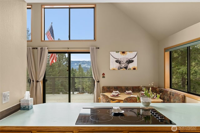 kitchen featuring high vaulted ceiling and black electric stovetop