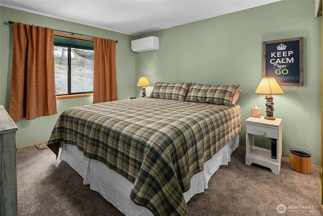 carpeted bedroom featuring an AC wall unit and baseboards