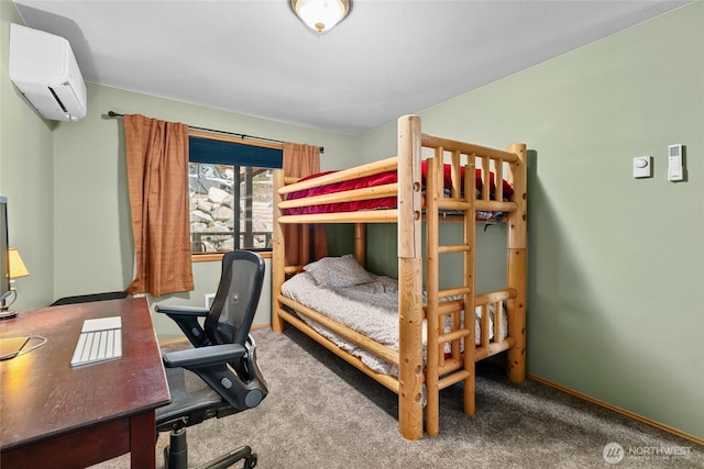 carpeted bedroom with a wall unit AC and baseboards