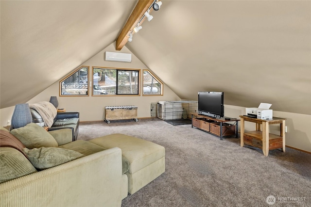 interior space with carpet flooring, lofted ceiling with beams, baseboards, and a wall mounted AC