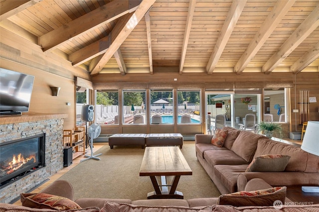 living area featuring wooden walls, wooden ceiling, vaulted ceiling with beams, and a stone fireplace