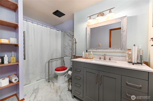 bathroom with toilet, marble finish floor, curtained shower, and vanity