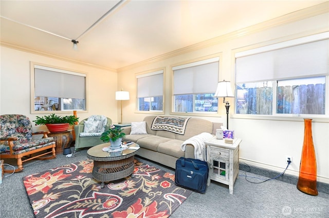 carpeted living room with baseboards and crown molding