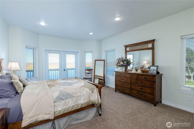 bedroom featuring access to exterior, carpet, french doors, recessed lighting, and baseboards