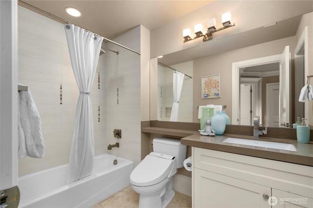bathroom featuring tile patterned flooring, toilet, vanity, and shower / bathtub combination with curtain