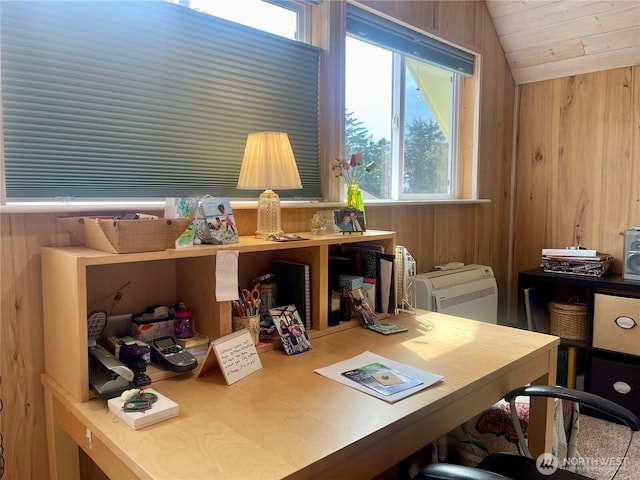 office space featuring wood ceiling, vaulted ceiling, and wood walls