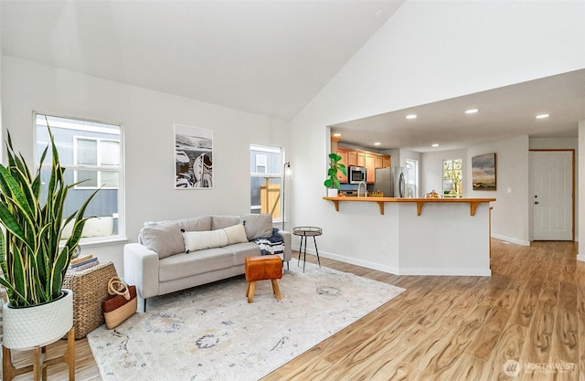 living area with a wealth of natural light, baseboards, and light wood-style floors