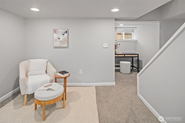 sitting room featuring recessed lighting, baseboards, and carpet floors