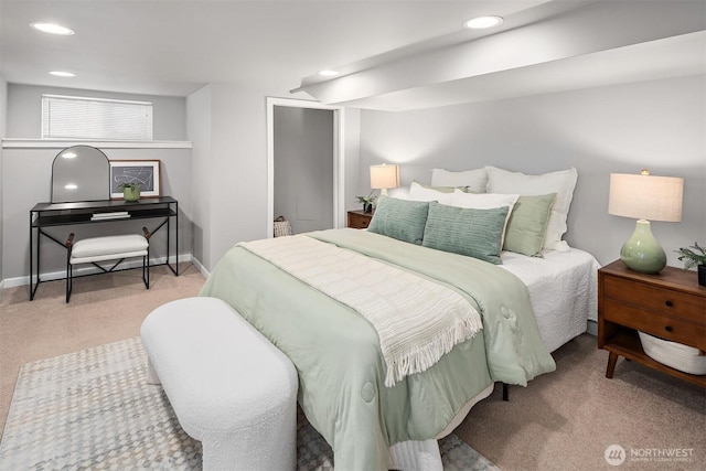 bedroom featuring recessed lighting, baseboards, and carpet floors