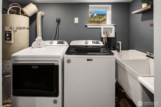 laundry room with washing machine and clothes dryer, laundry area, and water heater