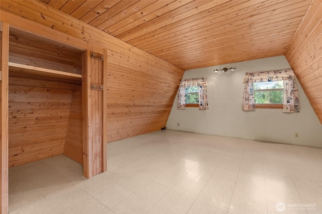 additional living space with plenty of natural light, wood ceiling, and wooden walls