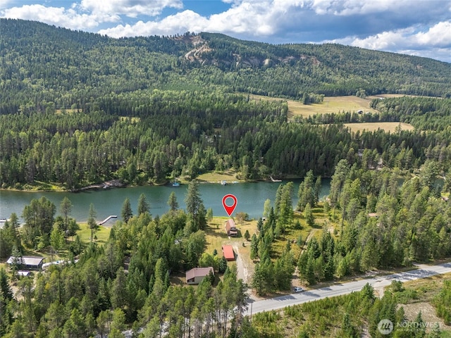 aerial view featuring a water view and a wooded view