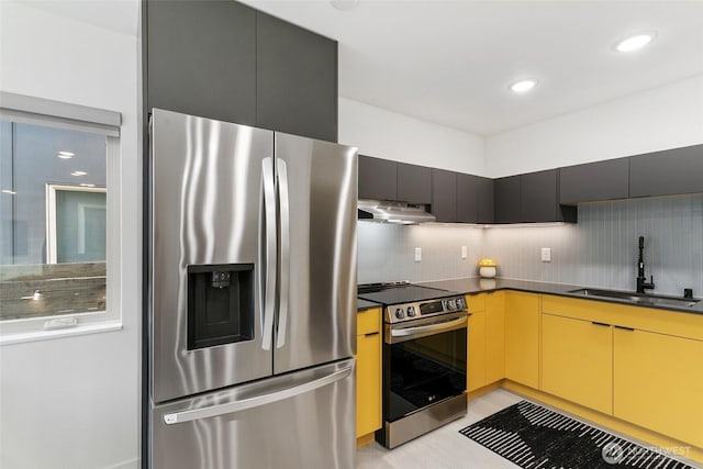 kitchen with under cabinet range hood, stainless steel appliances, a sink, backsplash, and dark countertops