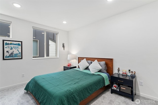 bedroom with carpet, baseboards, and recessed lighting