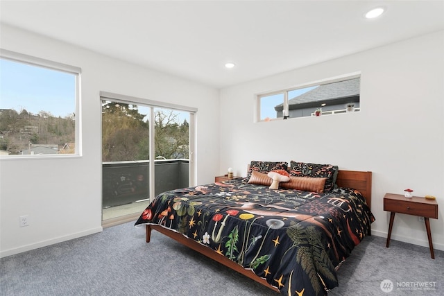 carpeted bedroom featuring access to outside, baseboards, and recessed lighting