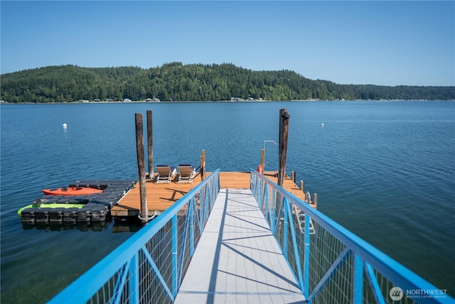 dock area with a water view and a wooded view