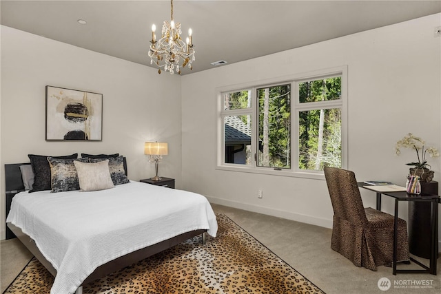 bedroom featuring visible vents, baseboards, a chandelier, and light colored carpet