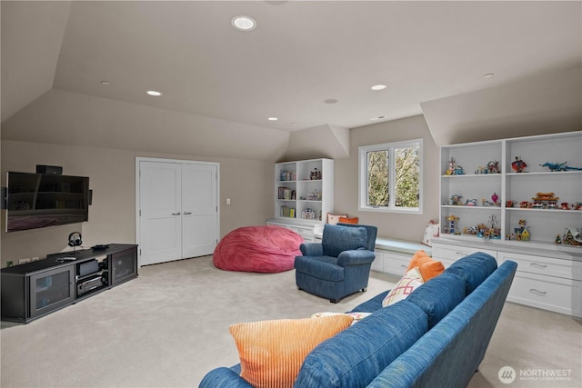 living room with lofted ceiling, light carpet, and recessed lighting