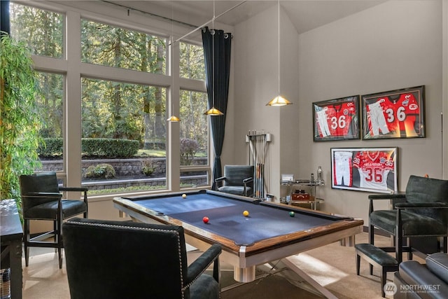 game room with pool table and a high ceiling