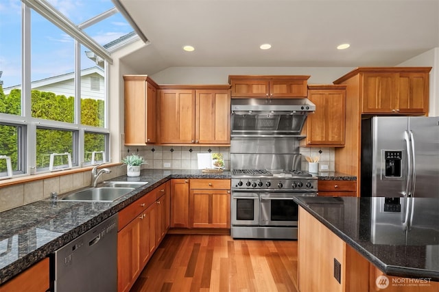 kitchen with a sink, decorative backsplash, under cabinet range hood, and stainless steel appliances