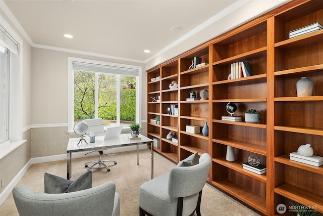 office space featuring a wainscoted wall, recessed lighting, carpet, and ornamental molding