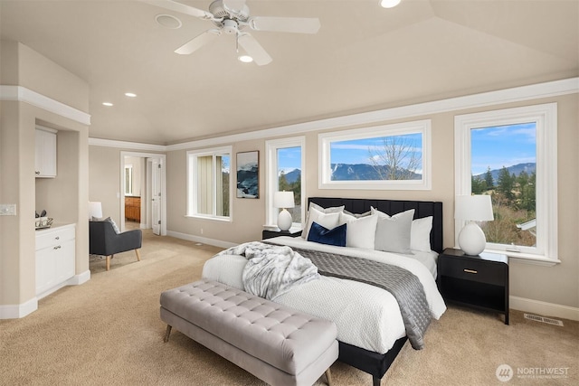 bedroom featuring visible vents, light colored carpet, crown molding, and baseboards