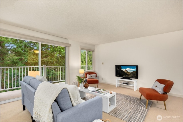 carpeted living room featuring a textured ceiling and baseboards