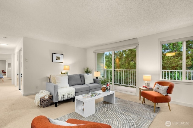 living room featuring carpet floors, baseboards, and a textured ceiling