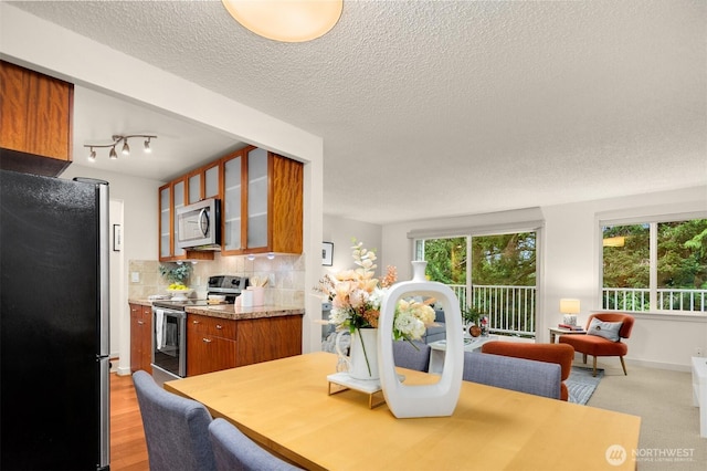 kitchen with decorative backsplash, glass insert cabinets, brown cabinets, stainless steel appliances, and a healthy amount of sunlight