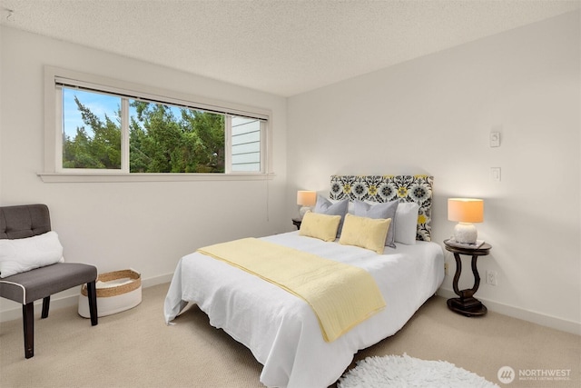 bedroom featuring a textured ceiling, carpet flooring, and baseboards