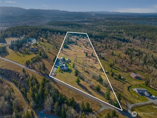 birds eye view of property with a wooded view and a mountain view