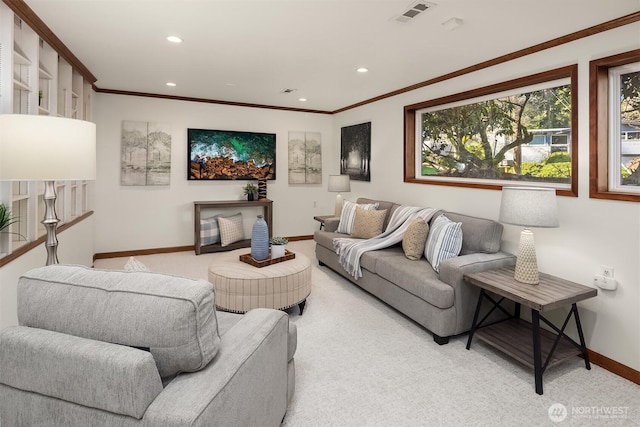 living area featuring crown molding, recessed lighting, light colored carpet, visible vents, and baseboards