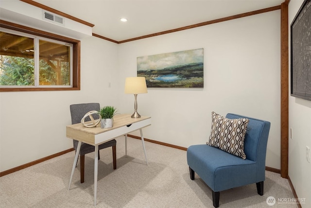 office space featuring carpet floors, visible vents, ornamental molding, and baseboards