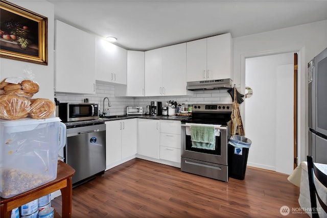 kitchen featuring tasteful backsplash, dark wood finished floors, appliances with stainless steel finishes, under cabinet range hood, and a sink