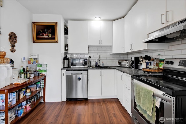 kitchen with decorative backsplash, dark wood-type flooring, stainless steel appliances, under cabinet range hood, and a sink