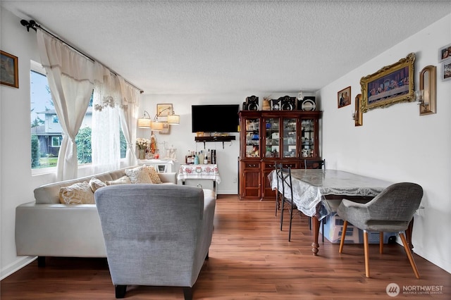 living room featuring a textured ceiling, baseboards, and wood finished floors