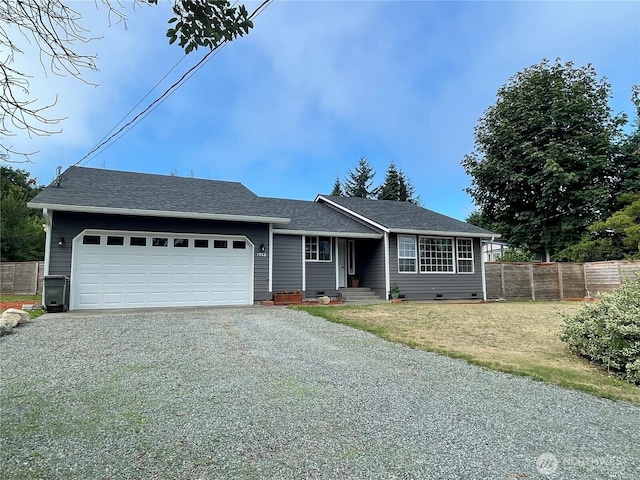 ranch-style house featuring a garage, roof with shingles, gravel driveway, crawl space, and fence