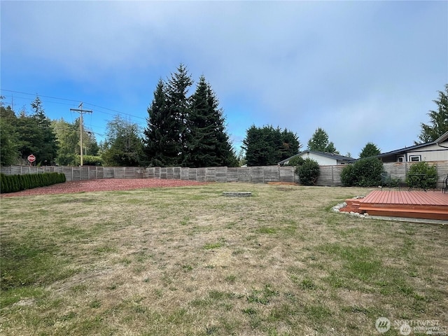 view of yard featuring a fenced backyard and a deck