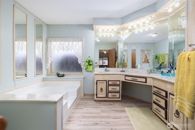 bathroom featuring a garden tub, vanity, and wood finished floors