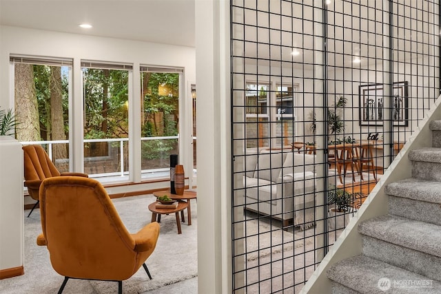 interior space with stairway, carpet flooring, and recessed lighting