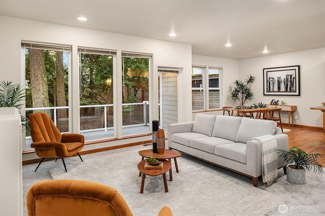 living area with baseboards, wood finished floors, and recessed lighting