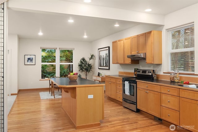 kitchen with a center island, stainless steel electric range oven, recessed lighting, light wood-type flooring, and under cabinet range hood