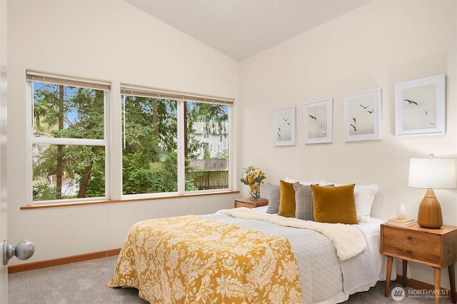 bedroom featuring carpet, multiple windows, vaulted ceiling, and baseboards