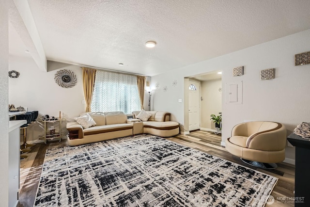 living area featuring a textured ceiling, baseboards, and wood finished floors