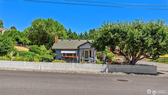 obstructed view of property featuring a fenced front yard and a chimney